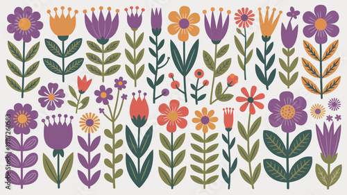 A vibrant collection of stylized floral illustrations in shades of purple orange and red are arranged across a white background high quality professional detailed modern elegant