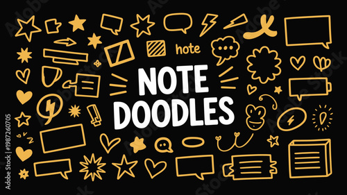A vibrant collection of yellow hand drawn doodles including stars speech bubbles hearts arrows and a prominent note doodles text high quality professional detailed modern elegant