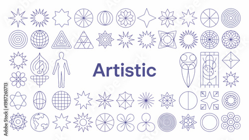 A collection of various linear icons and abstract geometric shapes are displayed with the word artistic prominently featured high quality professional detailed modern elegant stylish clean