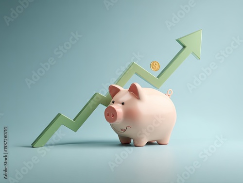 A piggy bank with a rising arrow, suggesting financial growth
