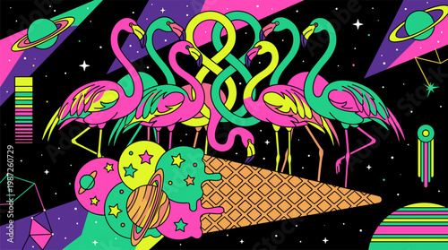 Intertwined Flamingos Standing on Planet Ice Cream Cone Pop Surrealism Flat Illustration with Bold Outlines