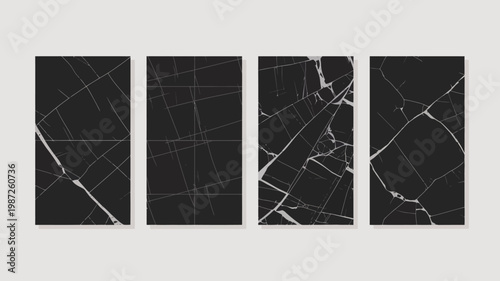 A set of four vertically oriented panels displays a black marble texture with varying white vein patterns creating an abstract art composition high quality professional detailed