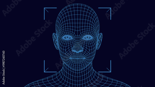 A futuristic depiction showcases a human face constructed from glowing blue wireframe lines framed by a rectangular detection grid high quality professional detailed modern elegant stylish