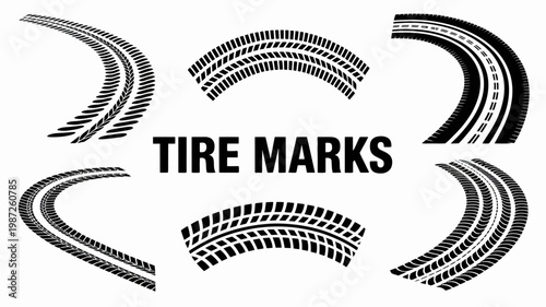 A graphic illustration displays several black tire track marks arranged in curved and semi circular shapes with text labeling high quality professional detailed modern elegant stylish
