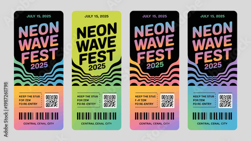 Four vibrant ticket designs announce the neon wave fest in 2025 featuring bold typography and dynamic wavy graphics with qr codes high quality professional detailed modern