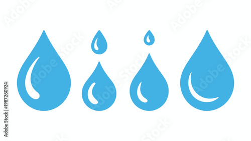 A graphic displays four stylized blue water droplets of varying sizes arranged horizontally and demonstrating a size gradient high quality professional detailed modern elegant stylish clean