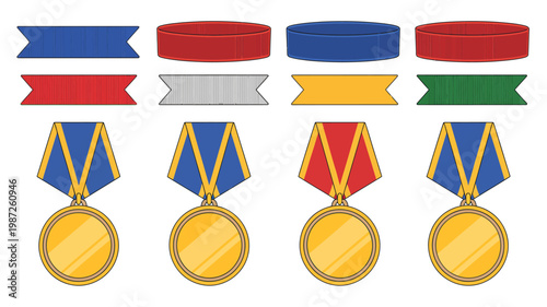 An illustration displays a collection of colorful ribbons and medals showcasing various award designs and color schemes high quality professional detailed modern elegant stylish clean crisp