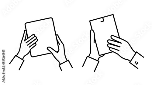 A simple black and white line drawing depicts two hands holding rectangular objects one tablet shaped and the other a sheet high quality professional detailed modern