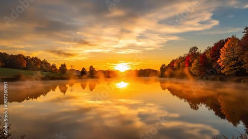 Stunning sunrise over misty lake with trees and vibrant colors reflecting in the water