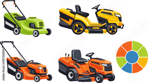 Lawnmower Vector Set Featuring Green, Yellow, Orange, and Ride-On Mowers for Gardening, Landscaping, and Lawn Care Illustrations