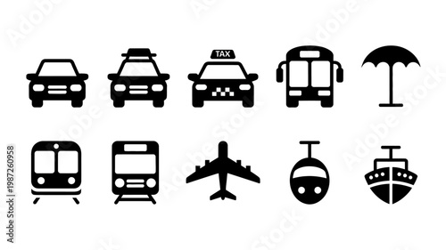 A collection of black silhouette icons depicts various modes of transportation including cars buses trains planes and boats high quality professional detailed modern elegant stylish clean