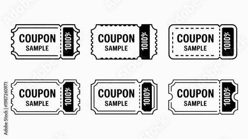 A collection of six black and white coupon ticket illustrations each displaying the word coupon and a 10 discount offer high quality professional detailed modern elegant