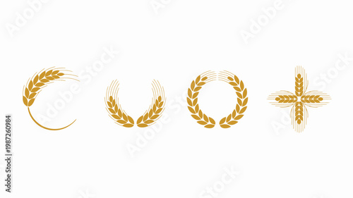 Four golden wheat wreath designs are displayed against a clean white background showcasing varying shapes and arrangements of grain stalks high quality professional detailed modern elegant