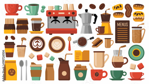 A colorful assortment of coffee related items is displayed including cups machines beans pastries and various brewing methods high quality professional detailed modern elegant stylish clean