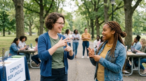 Instructor teaching sign language to student in outdoor park setting