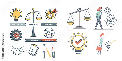 Business integrity and teamwork concept with various line icons  business values and ethics symbols