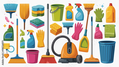 A colorful collection of various cleaning supplies and tools are neatly arranged against a clean white background high quality professional detailed modern elegant stylish crisp vibrant