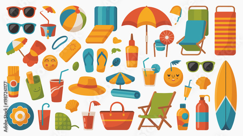 A colorful collection of summer essentials including sunglasses beach umbrellas towels and drinks arranged in a playful flat lay style high quality professional detailed modern elegant