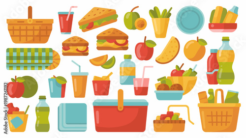 A colorful assortment of picnic items are displayed including food drinks baskets and containers arranged in a flat vector style high quality professional detailed modern elegant