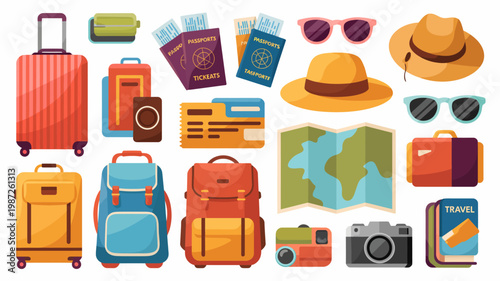 A colorful flat lay showcases travel essentials like suitcases passports tickets a map hats sunglasses and a camera high quality professional detailed modern elegant stylish clean