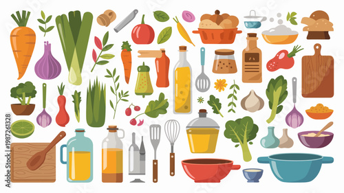 A colorful flat lay illustration displays a diverse assortment of fresh vegetables fruits cooking utensils and various food containers high quality professional detailed modern elegant stylish