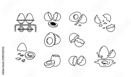 Broken egg outline icons eggshell fragments vector illustration set