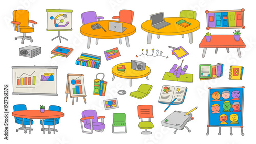 A colorful cartoon style illustration depicts classroom objects including tables chairs a projector and learning materials high quality professional detailed modern elegant stylish clean crisp vibrant