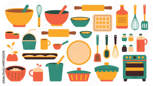 A colorful flat lay illustration depicts various baking and cooking utensils including bowls rolling pins whisks and a small oven high quality professional detailed modern elegant