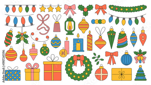 A vibrant collection of hand drawn christmas decorations fills the frame including ornaments lights bows and festive foliage high quality professional detailed modern elegant stylish clean