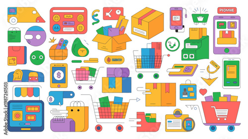 A colorful illustration depicts various elements of online shopping and e commerce including packages phones carts and payment symbols high quality professional detailed modern elegant stylish