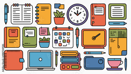 A colorful arrangement of stationery items including notebooks pens a laptop calendar clock and potted plants is displayed high quality professional detailed modern elegant stylish clean