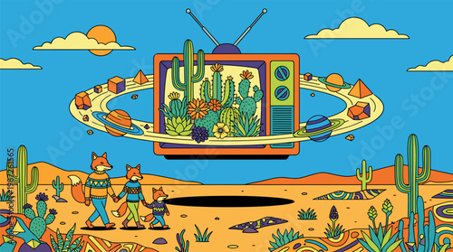 Retro Television Desert Cactus Garden Pop Surrealism Flat Illustration with Bold Outlines