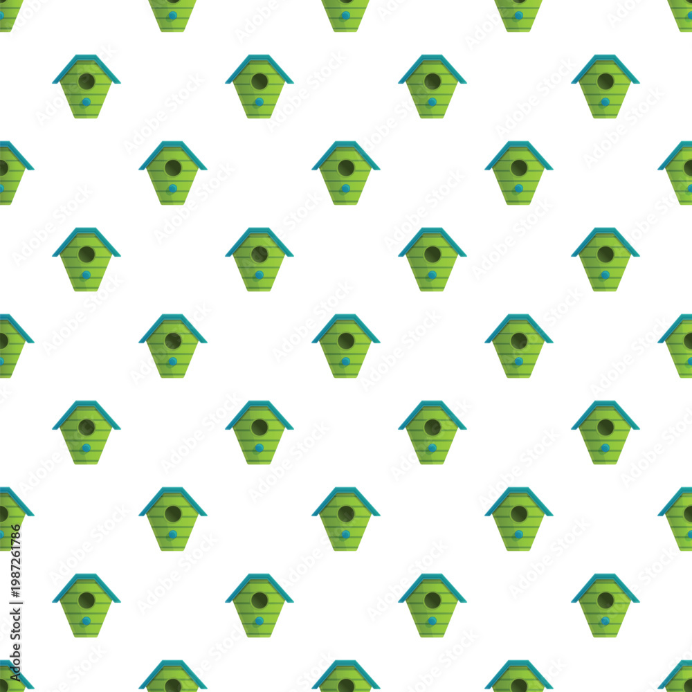 Obraz premium Repetitive green birdhouses creating a seamless pattern on a clean white background