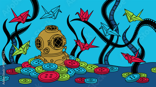 Vintage Diver Helmet On Button Sea Floor With Origami Cranes Pop Surrealism Flat Illustration With Bold Outlines