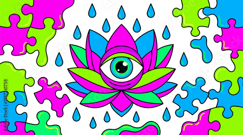 Giant Eyeball in Blooming Lotus Flower with Floating Puzzle Pieces Pop Surrealism Flat Illustration with Bold Outlines