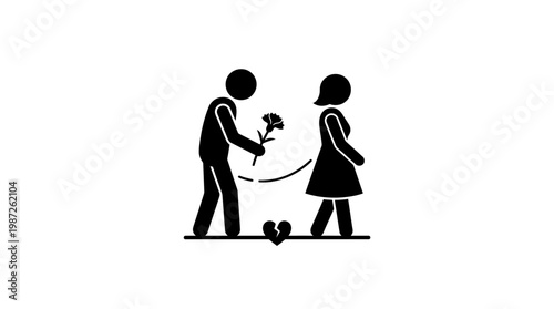 Man Offering Flower to Woman With Broken Heart Symbol