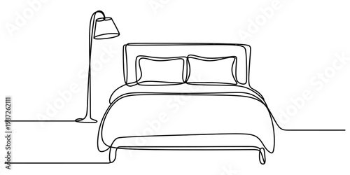 Minimalist continuous line art illustration of a cozy double bed with a standing floor lamp set. Vector, illustration