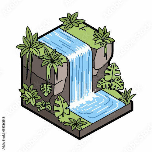 A cartoon illustration of a tropical waterfall.