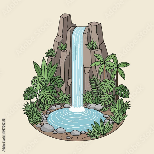 A serene waterfall in a lush tropical jungle with rocks and plants.