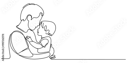 Continuous line drawing of a loving parent holding their small baby with a gentle white background Vector, illustration