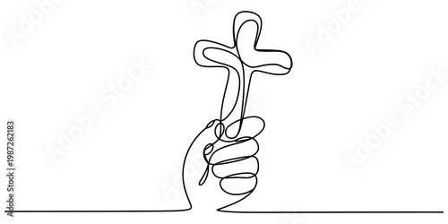 A continuous line drawing of a human hand holding a christian cross symbol on a white background Vector, illustration