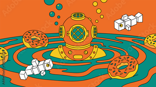 Retro Diver Submerged in Coffee Sea with Floating Donuts Pop Surrealism Flat Illustration with Bold Outlines