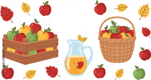 Autumn Apple Harvest Set with Wooden Crate, Wicker Basket, Apple Juice Pitcher, and Colorful Fall Leaves Vector Illustration