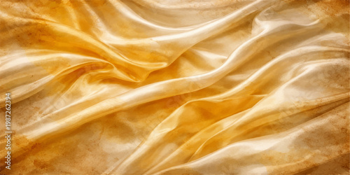 This elegant golden silk fabric features smooth, shiny waves and a flowing, luxurious texture perfect for a sophisticated drapery backdrop