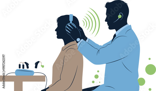 Audiologist Conducting Hearing Test on Patient with Headphones and Hearing Aid Devices in Clinic Vector Illustration