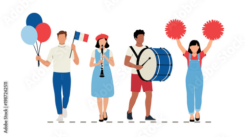 Diverse group of people marching in a festive parade with balloons and musical instruments