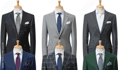 Men's Suit Collection Featuring Various Colors and Patterns with Ties and Pocket Squares for Fashion and Formal Wear Illustrations