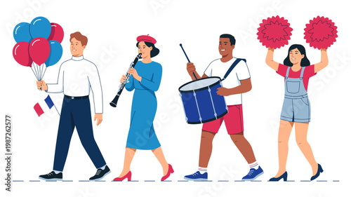 Diverse group of people marching in a festive parade with balloons and musical instruments