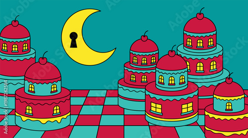 Surreal Cake Architecture In Checkered Desert With Keyhole Moon Pop Surrealism Flat Illustration With Bold Outlines