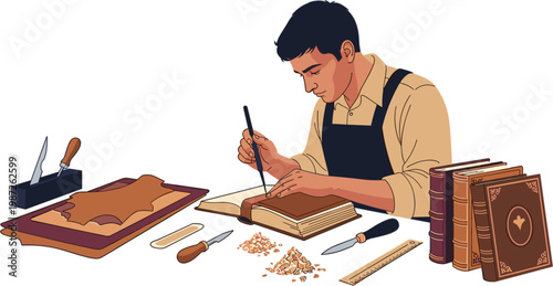 Bookbinder Working Icon Featuring Leather Crafting, Book Restoration, and Tool Use for Craft, Bookbinding, and Artisan Designs